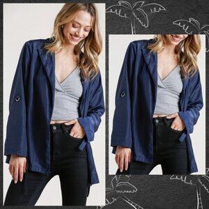 NWT Umgee Drawstring Waist Jacket w/Tabbed Roll-Up Sleeves Navy Blue Siz…